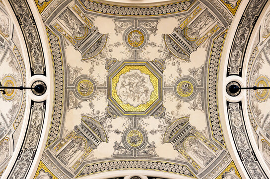 Ornate neo-renaissance ceiling painting and fresco details at the entrance loggia of the Hungarian State Opera House, UNESCO World Heritage Site.