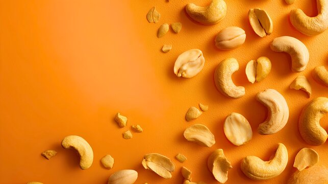Photorealistic top-down cashew nuts arrangement featuring whole cashews and broken nut pieces on minimal vibrant orange background, realistic organic textures and soft golden gradients, 