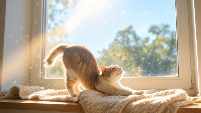 A cute ginger and white cat stretches on a cozy knitted blanket on a sunlit window sill, with magical sunbeams and dust particles, celebrating Domestic Animal Day.