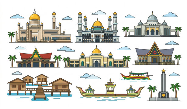 Brunei Famous Landmarks Vector Set with Iconic Architecture Travel Collection on White Background