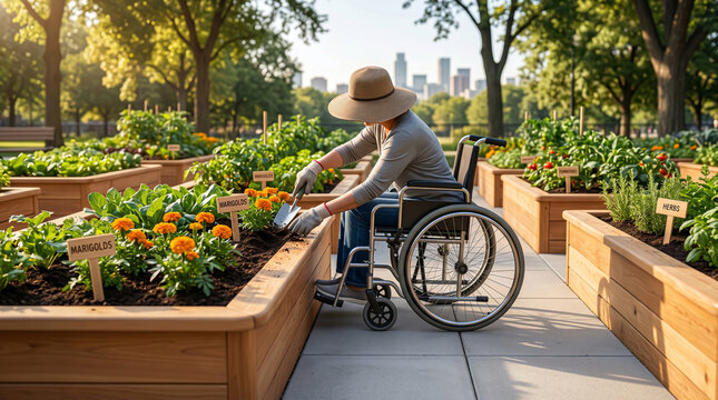 Cultivating sustainable life from a wheelchair within accessible wooden planter boxes situated in a sunlit urban community garden during sunset.