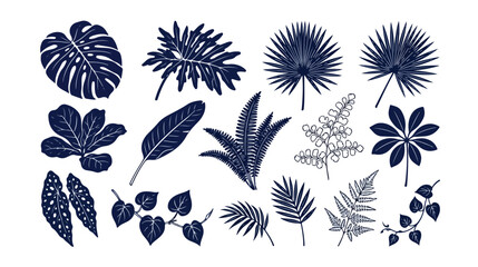 Exotic tropical leaves vector collection, a set of 17 hand-drawn indigo blue botanical illustrations, perfect for jungle-themed designs, nature-inspired patterns, and summer branding. © Syed Awais