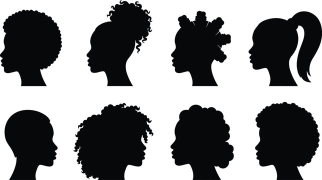 Vector silhouette collection of African American female head profiles showcases diverse natural hair texture and beauty hairstyles like an afro, puff, or ponytail icon.