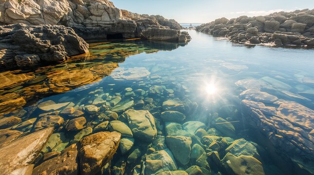Crystal Clear Tidal Pool with Rocky Shoreline and Sunlight Reflection Nature Landscape Concept