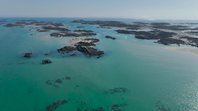Aerial view of the wild Chausey archipelago and its rocks, Normandy, France