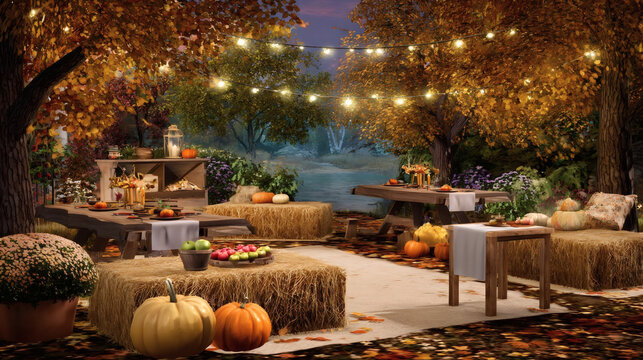 Cozy autumn outdoor dinner party setup with hay bales, pumpkins, string lights, and rustic tables surrounded by vibrant fall foliage.