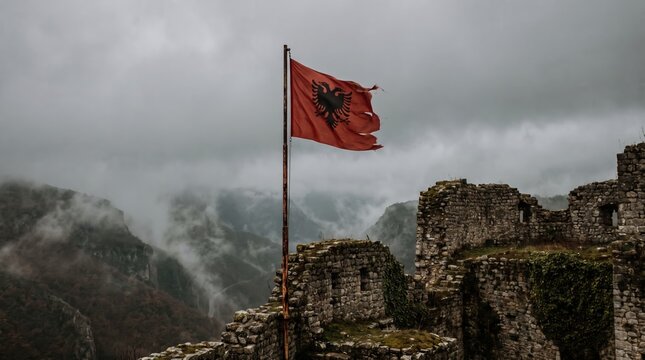 Albanian flag against dark sky in Kruja, Albania