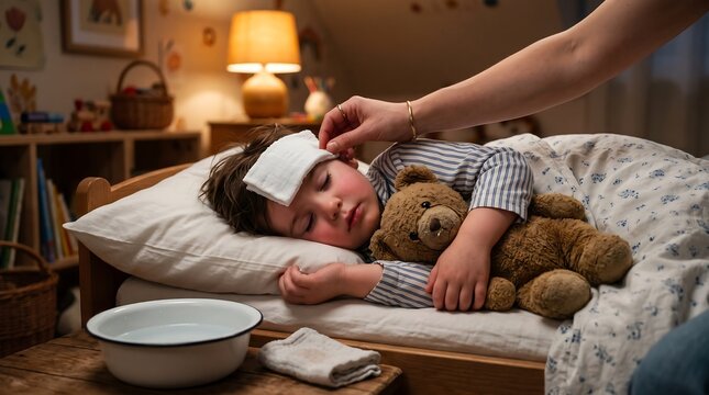 A woman gently checks a sick child's forehead with a cloth on their head while they lie in bed with a teddy bear.