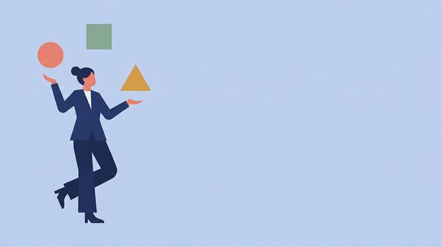 Professional woman balancing geometric shapes showing career multitasking skills with businesswoman juggling multitasking management professional strategy corporate planning productivity