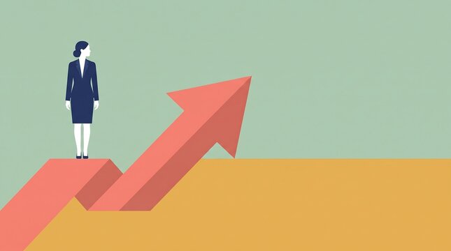Businesswoman standing on a rising arrow graph illustrating financial growth and success with businesswoman business corporate performance professional advancement improvement strategy
