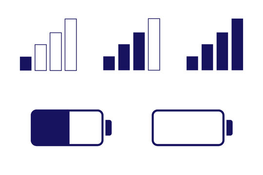 Minimal signal strength and battery status icon set with filled, outline styles. vector symbols for mobile apps, web interfaces, dashboards, UI design. PNG, outline isolated on transparent background