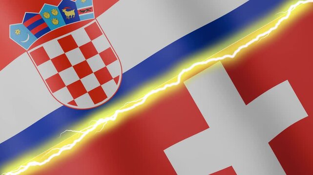 Two waving flags Croatia and Switzerland with diagonal lightning seamless, 4k loop