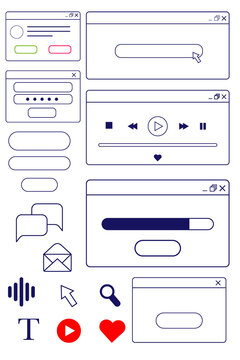 Minimal outline UI wireframe kit with interface elements, buttons, forms, search bars, media controls and navigation components for web, mobile applications. PNG set isolated on transparent background