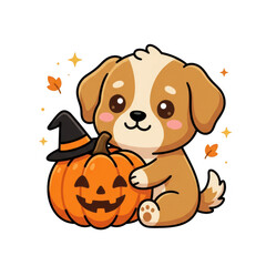 Fototapeta premium Adorable puppy wearing witch hat hugging halloween pumpkin