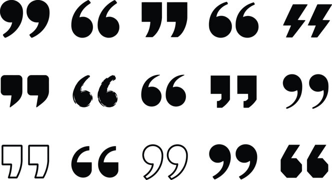 Black quotation mark icons in bold, curved, square and outline styles, featuring opening and closing quote symbols arranged in a clean grid on white.