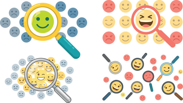 Vector Icon Set of Magnifying Glasses Finding Happy Emoji and Smileys Among Sad Faces for Customer Feedback, Mental Health, and Psychology Concepts