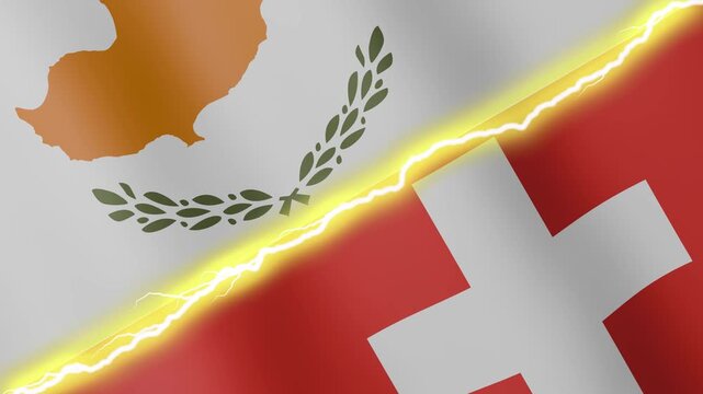 Two waving flags Cyprus and Switzerland with diagonal lightning seamless, 4k loop