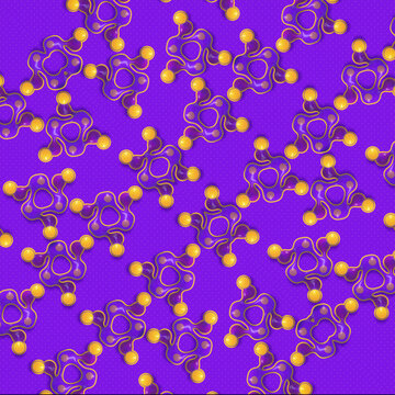 A 3D pattern of complex molecular shapes with yellow spheres on a purple background