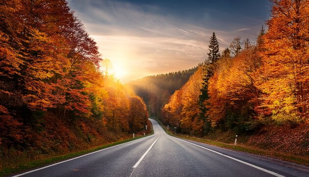 Road In Autumn Forest At Sunset Nature Landscape In Vertical Orientation