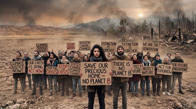 Activists Hold Signs During Climate Change Protest in Devastated Landscape Highlighting Urgency for Action