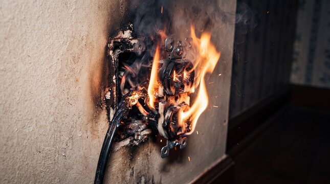 Electrical outlet catching fire with flames and smoke damaging the wall and installed wiring in a home environment