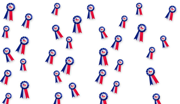 Staggered seamless pattern of Chilean patriotic tricolor rosettes and pleated paper award ribbons isolated on transparent background, panoramic horizontal 16:9 PNG format