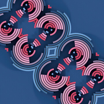 Symmetrical 3D Abstract Ornament of Pink Rings on Dark Dotted Background