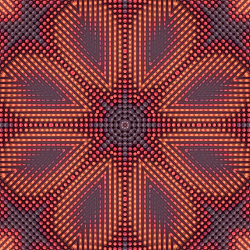 An energetic, 3D, radial-symmetric abstraction in orange and purple tones