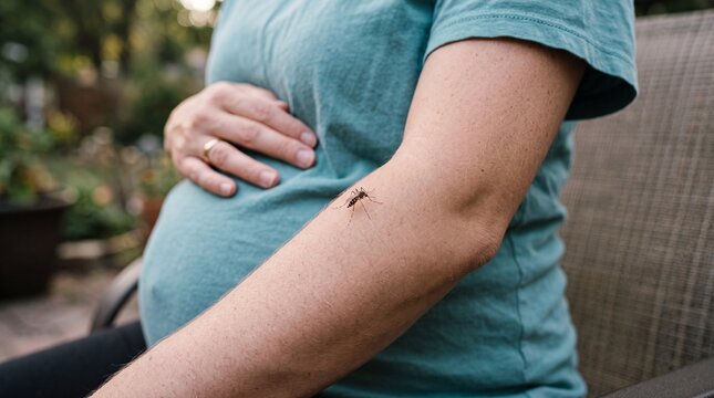 Pregnant Woman Relaxing Outdoors with Mosquito on Arm in Natural Garden Setting