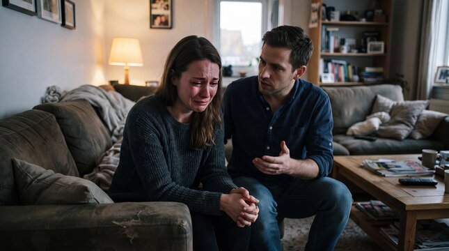 Emotional Support in Times of Distress by a Caring Partner in a Cozy Living Room Setting