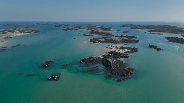 Aerial view of the wild Chausey archipelago and its rocks, Normandy, France