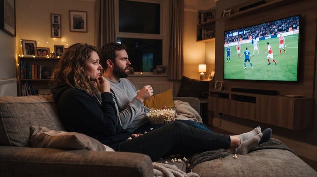 Cozy Evening at Home Watching Sports on Television with Popcorn and Relaxed Atmosphere