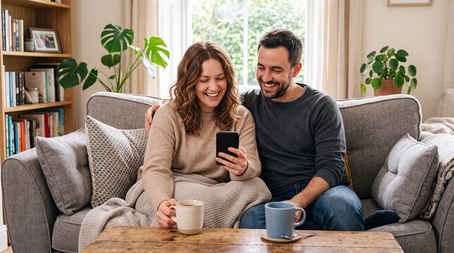 Smiling Couple Sitting on Sofa Enjoying Time Together While Using Smartphone at Home in Cozy Living Room
