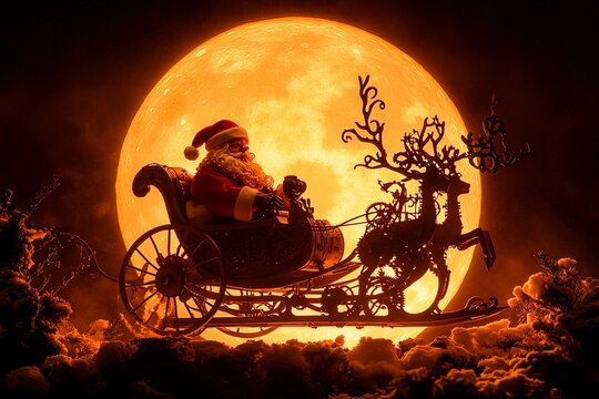 Steampunk Santa riding a mechanical sleigh pulled by clockwork reindeer under a full moon