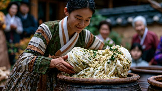 Traditional Korean homemaker filling earthenware onggi pots with seasoned cabbage for year-round kimchi fermentation in a tiled outdoor preparation courtyard, multiple generations of family watching