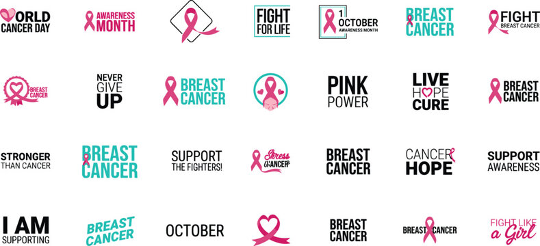 Collection of breast cancer awareness ribbons and typography against a white background breastcancer cure fight hope month october pink ribbon support awarenessmonth