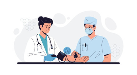 Fototapeta premium Doctor measuring patient's blood pressure, modern flat illustration style