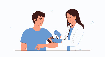 Fototapeta premium Doctor Measuring Patient's Blood Pressure with Stethoscope and Sphygmomanometer - Vector Illustration