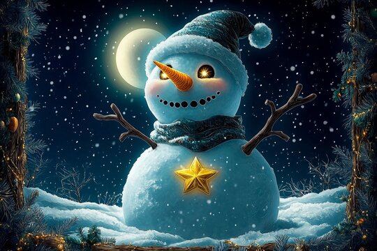 Magical snowman with twinkling eyes and a golden star at night