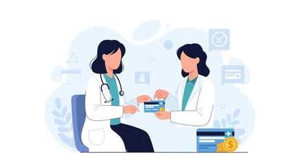 Fototapeta premium Doctor handing over health insurance card to patient, symbolizing healthcare finance and medical services