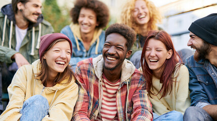 Obraz premium International Friendship Celebration Concept with Multicultural Friends Laughing in Outdoor Setting, Authentic Social Interaction, Happiness, Team Spirit, Diversity, Lifestyle and