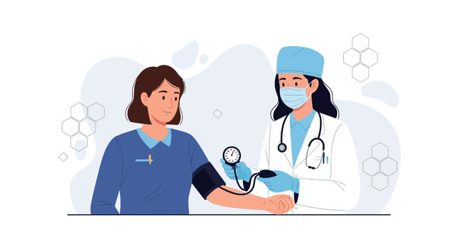 Doctor taking patient's blood pressure, medical checkup, healthcare concept illustration