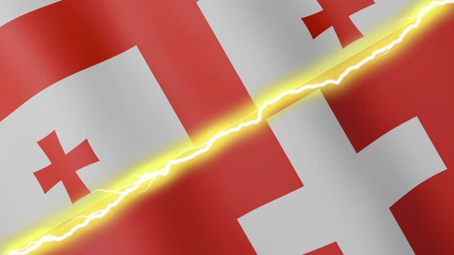 Two waving flags Georgia and Switzerland with diagonal lightning seamless, 4k loop