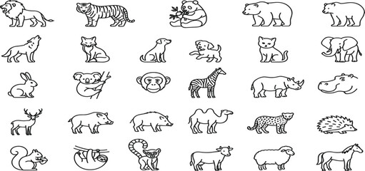 Minimalist Cute Animal Avatar Face Line Icon Set featuring Wild Wildlife Zoo Safari Domestic Pets and Marine Life Creative Vector Outline Graphics © MdSirazul