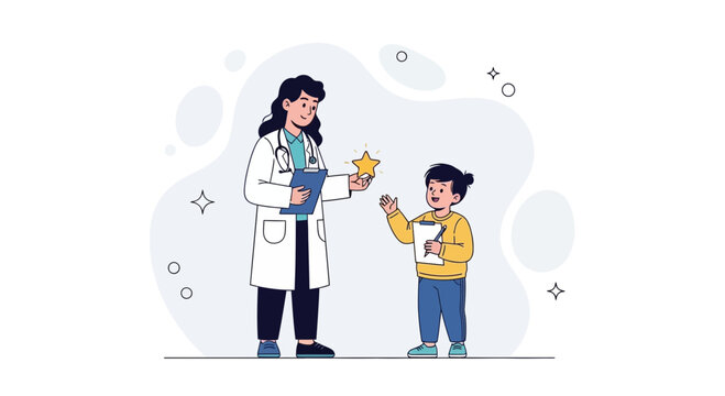 Doctor rewards child patient with a star for good behavior, symbolizing healthcare, trust, and positive reinforcement in pediatric medicine.