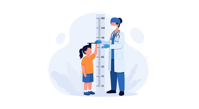 Doctor measuring child's height with stadiometer on a growth chart in a flat, modern illustration style.