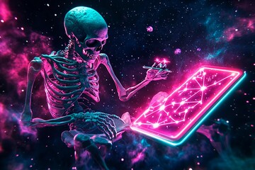 Naklejka premium Skeleton floats in space while sketching vibrant constellations with a neon tool