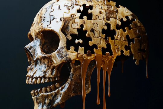 Melting puzzle skull with dripping pieces resembling flowing water