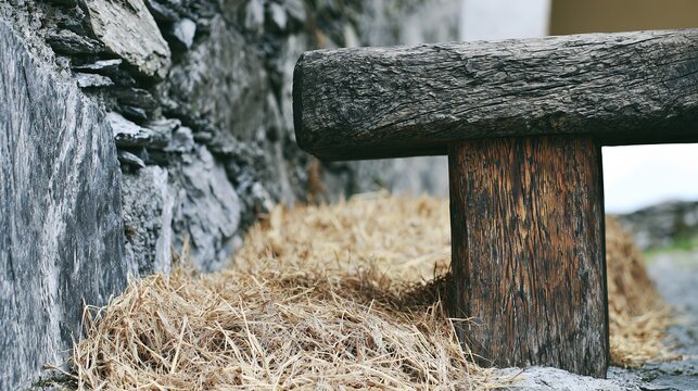 Rough wooden pillory in hay and stone wall corner, soft side light highlighting wood grain and iron, shallow depth enhancing historic still life