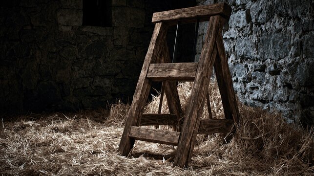 Abandoned wooden stocks against stone wall in hay, clear texture with soft side light, shallow depth enhancing medieval material feel